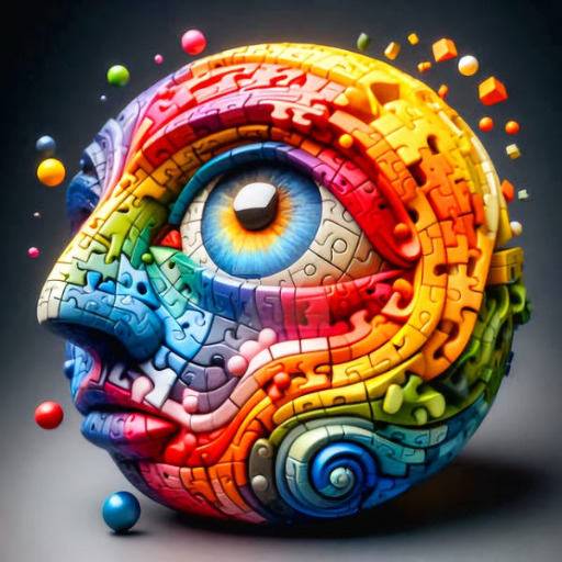 AI Agents by Nikolay Gul - A sphere made of colorful puzzle pieces with an eye, symbolizing custom AI intelligence.