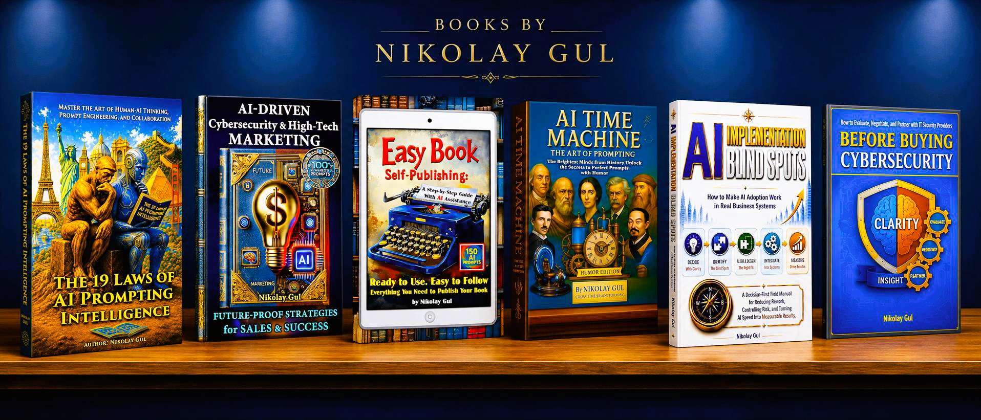 Books by Nikolay Gul on a shelf: AI prompting, AI cybersecurity marketing, self-publishing, AI implementation, and cybersecurity buying guidance